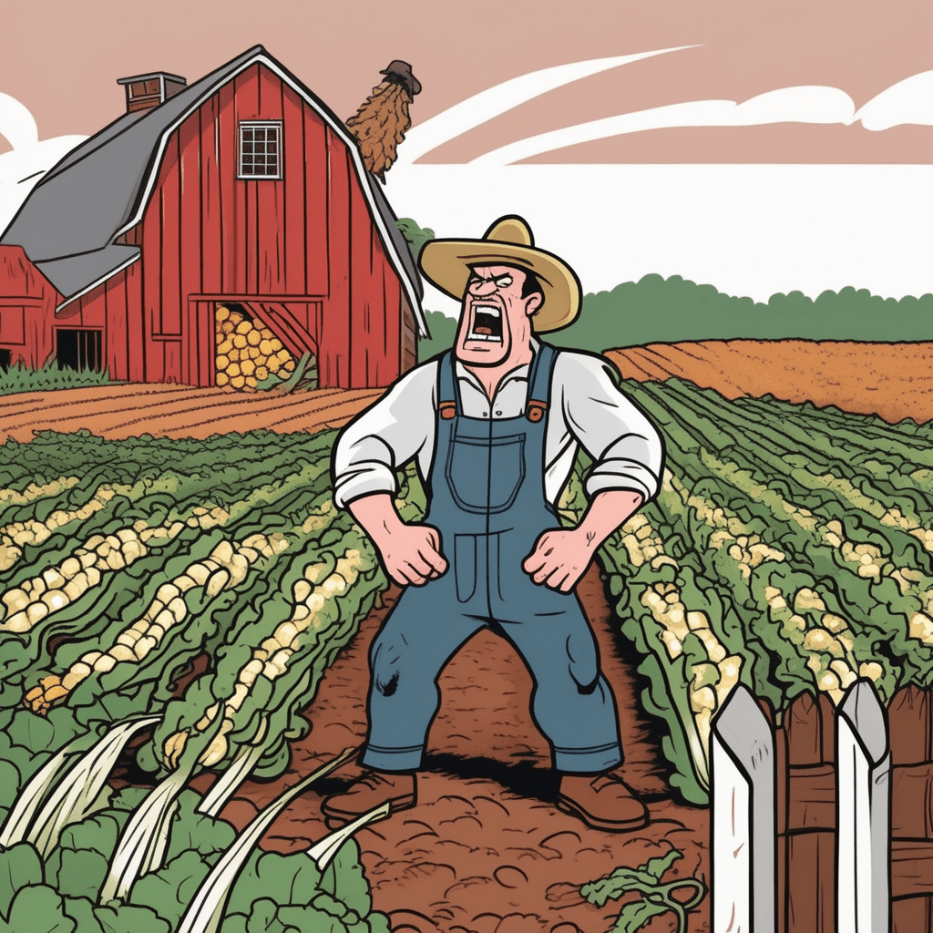 Farmer growls 'GRR!' protecting his farming area - that's agrarian!
