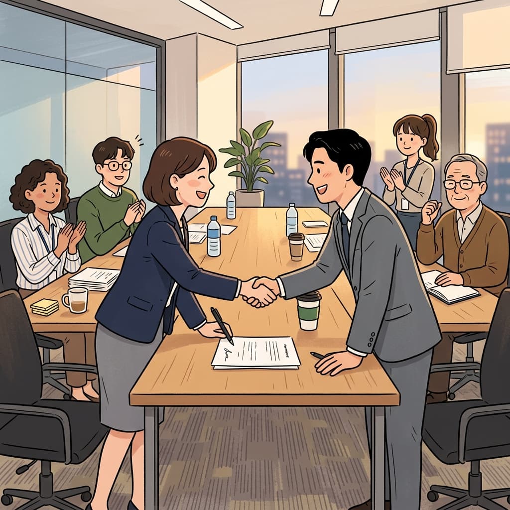 They signed the agreement after hours of careful negotiation at the table.