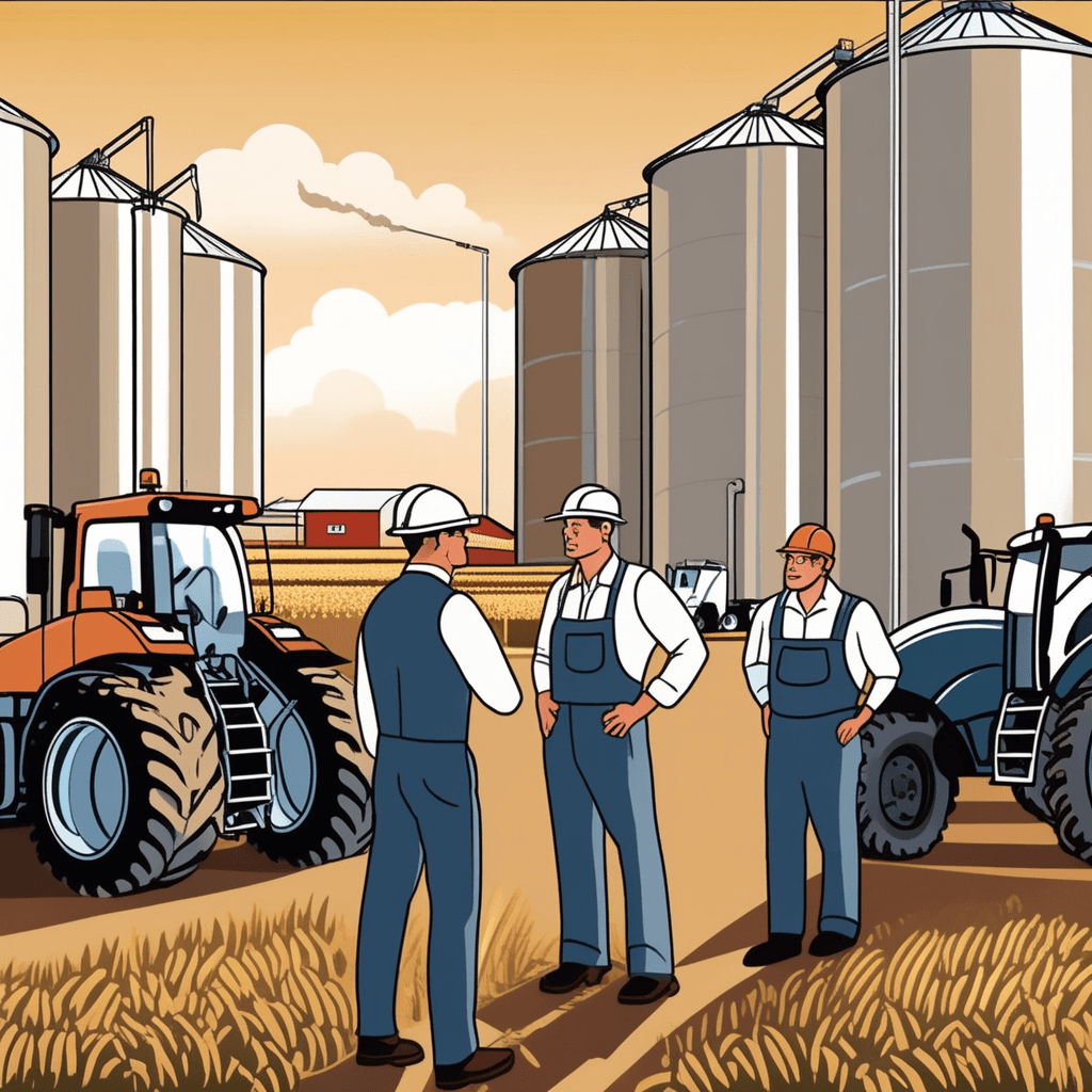 a business manager in a suit points toward massive grain silos while discussing operations with a farmer. Conveyor belts move harvested crops from fields toward processing facilities in the background. Large trucks load processed food products while workers coordinate the packaging and distribution process. The operation shows crops being transformed from raw materials into market-ready products. Other workers operate machinery that sorts and packages the agricultural goods. The streamlined process connects farming directly to consumer markets through industrial-scale operations. large-scale farming integrated with food processing, marketing, and distribution systems
