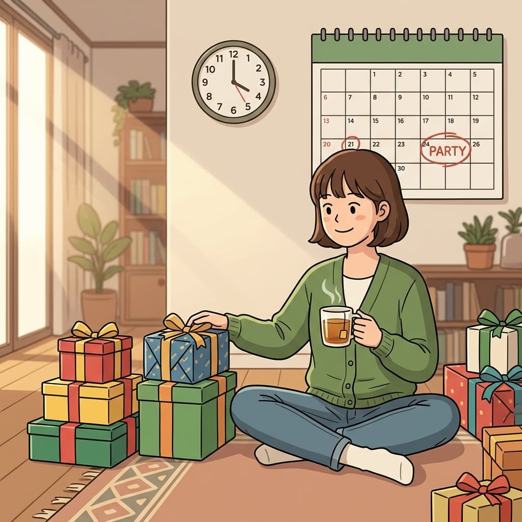 She finished wrapping all the gifts ahead of time, days before the party.