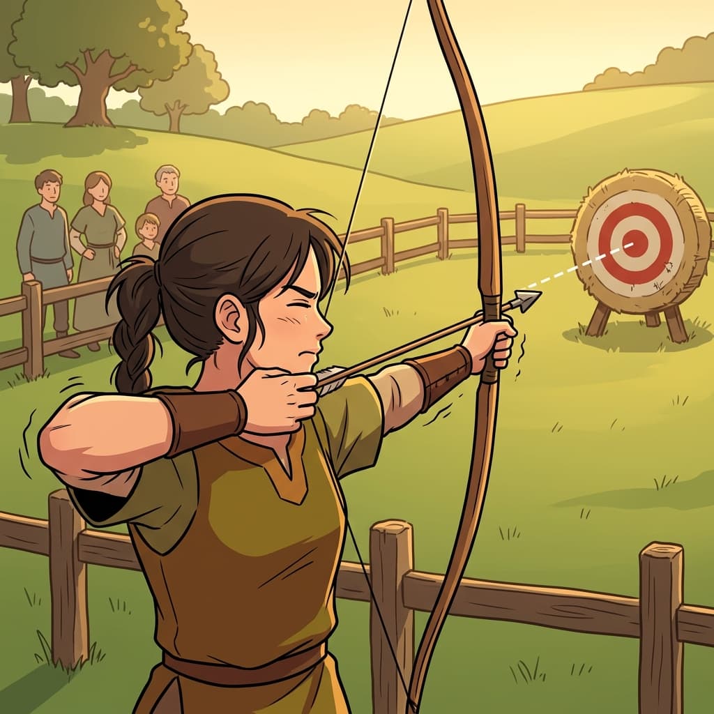 Young archer whispers 'I aim to hit the bullseye today' before releasing the arrow.