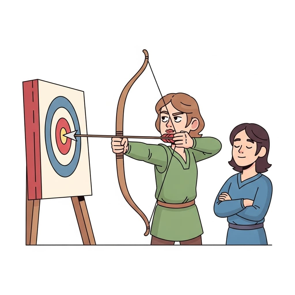 An archer aims her arrow directly at the bullseye target