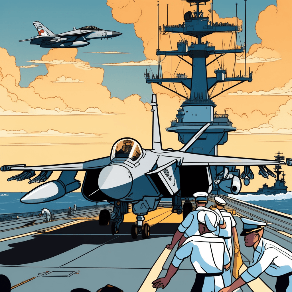 a military jet fighter approaches the carrier's deck for landing while crew members guide it safely down. The aircraft touches down on the long runway as arresting cables catch its landing hook. Steam rises from the catapult systems as another fighter jet prepares for takeoff from the opposite end. Navy personnel in colorful vests signal and coordinate the complex dance of aircraft movements. Multiple planes are parked along the sides of the deck while helicopters hover nearby. a large warship that carries aircraft and serves as a base for their operation