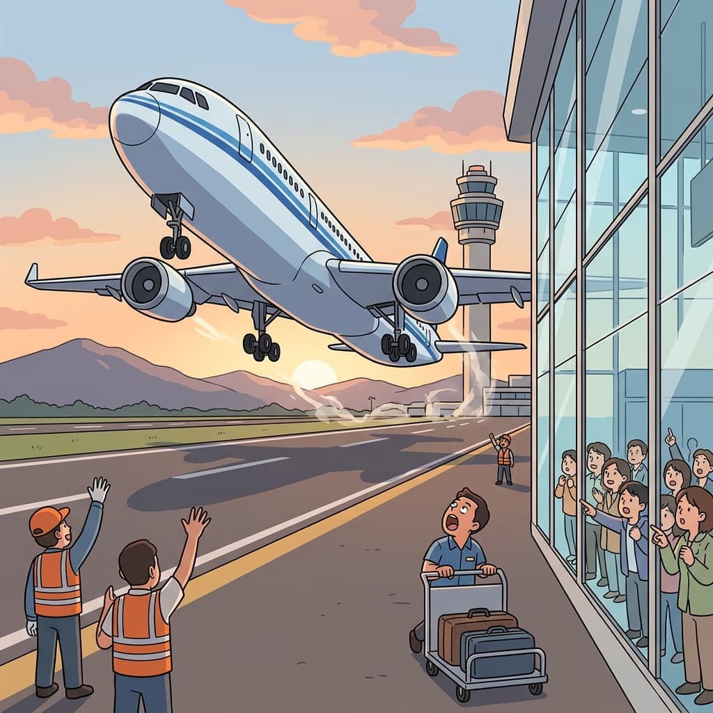 A huge aircraft roars down the runway and lifts into the morning sky.