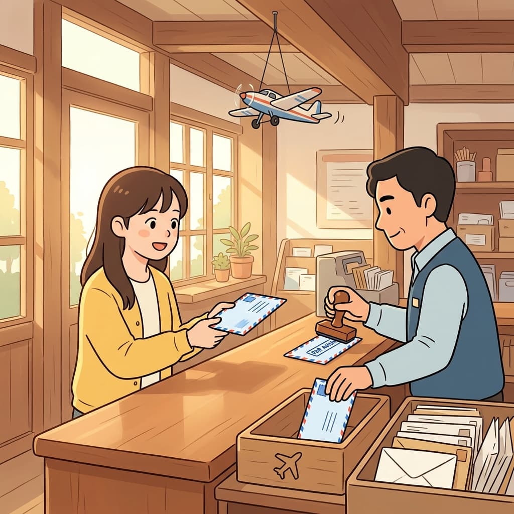 She sends the airmail letter overseas with a special blue-striped envelope.