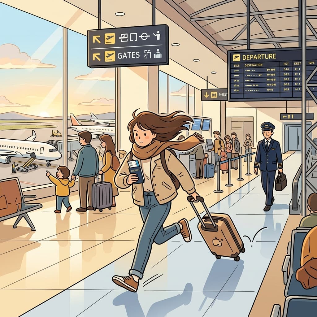 She drags her suitcase through the busy airport, rushing to catch her flight.