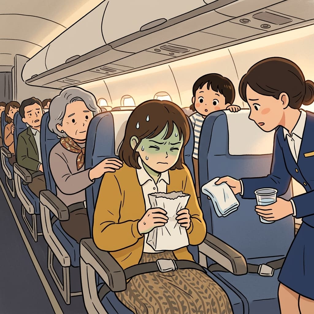 On her first flight, Mia clutches a paper bag, battling sudden airsickness.