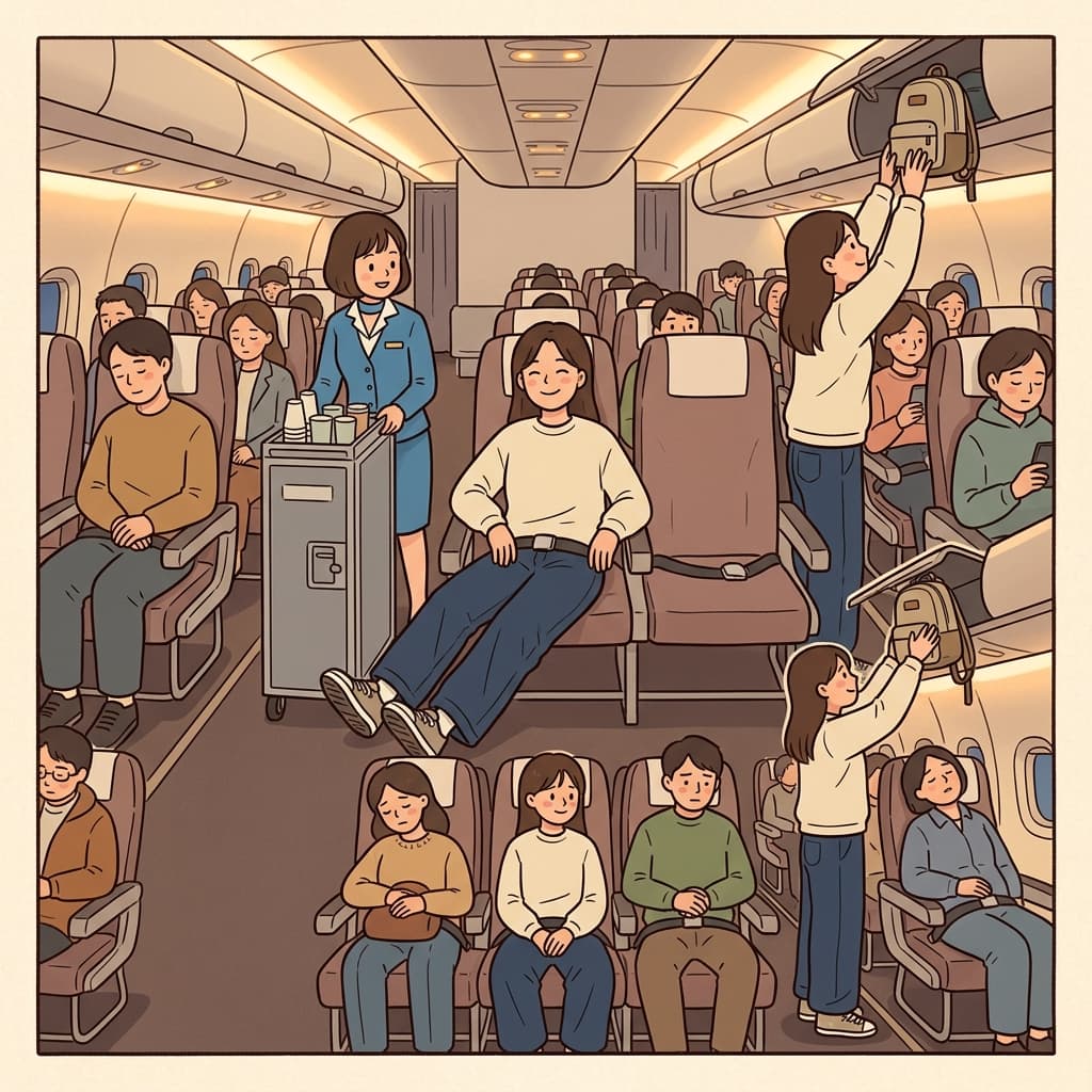 She always books an aisle seat so she can stretch her legs anytime.
