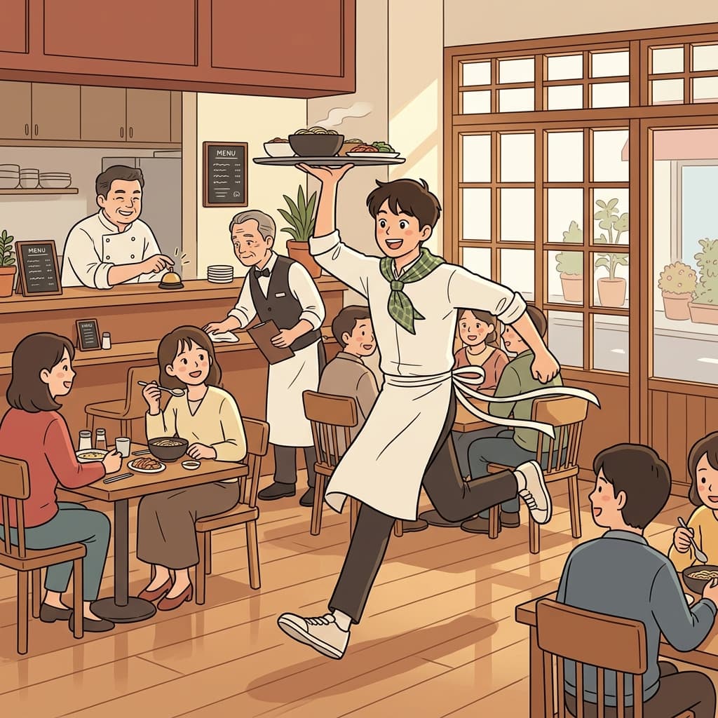 The young waiter sprang into action with alacrity the moment the bell rang.