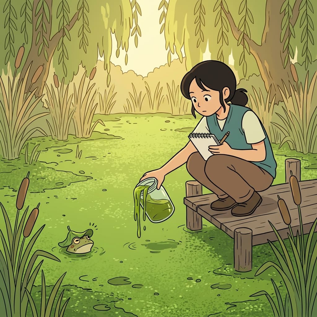 Green algae spreads across the pond, turning the water into a thick emerald blanket.