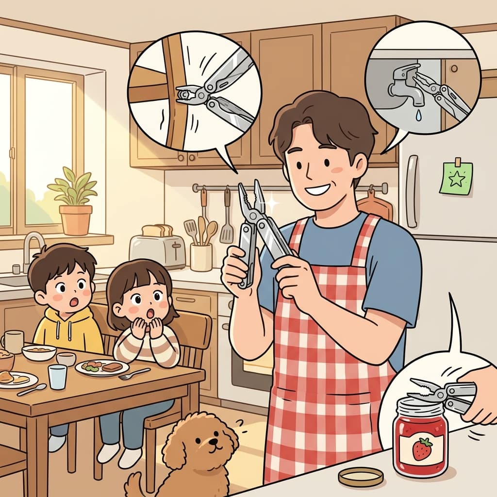 Dad uses one all-purpose tool to fix the sink, tighten a chair, and open a jar.