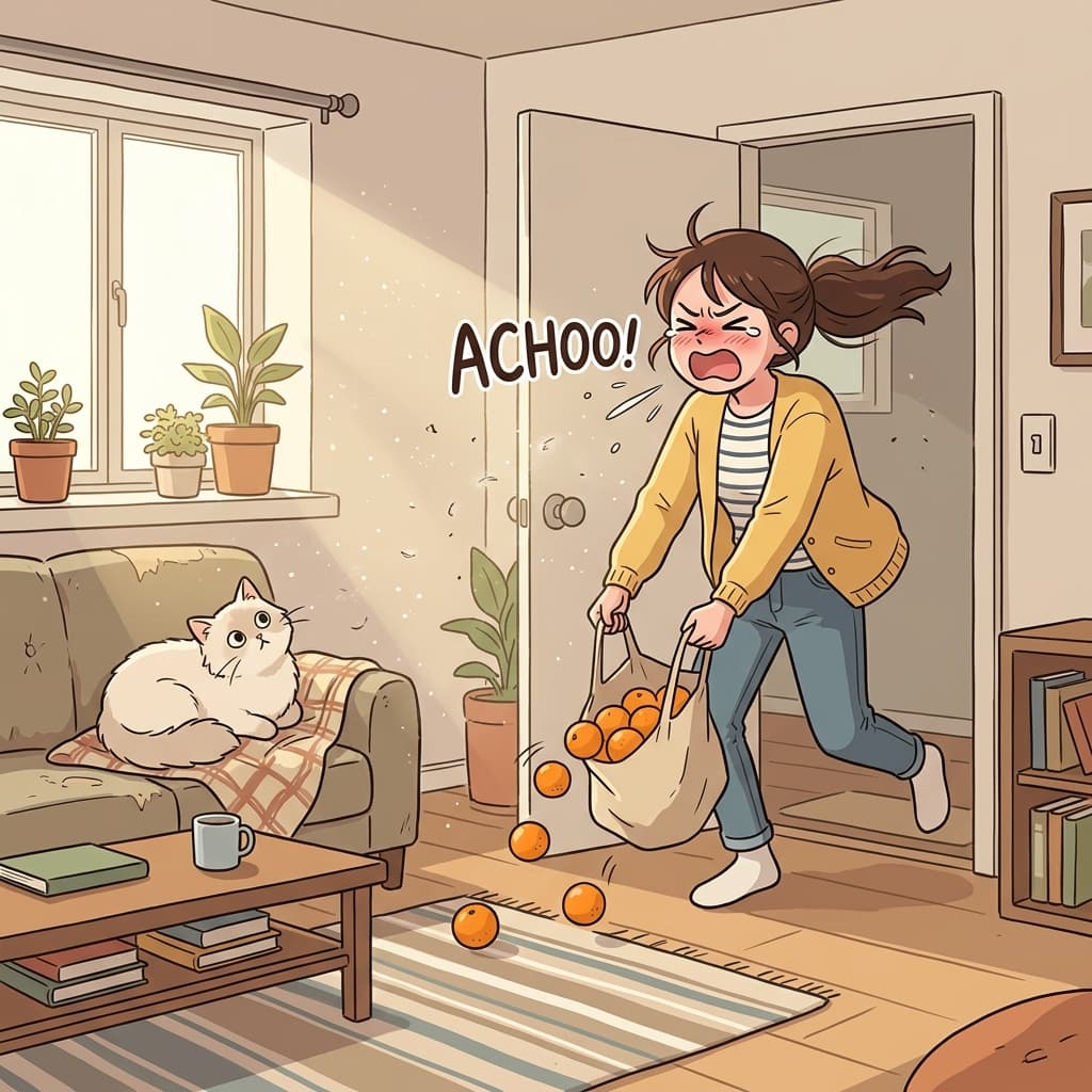 Her cat allergy makes her sneeze the second she walks into the room.