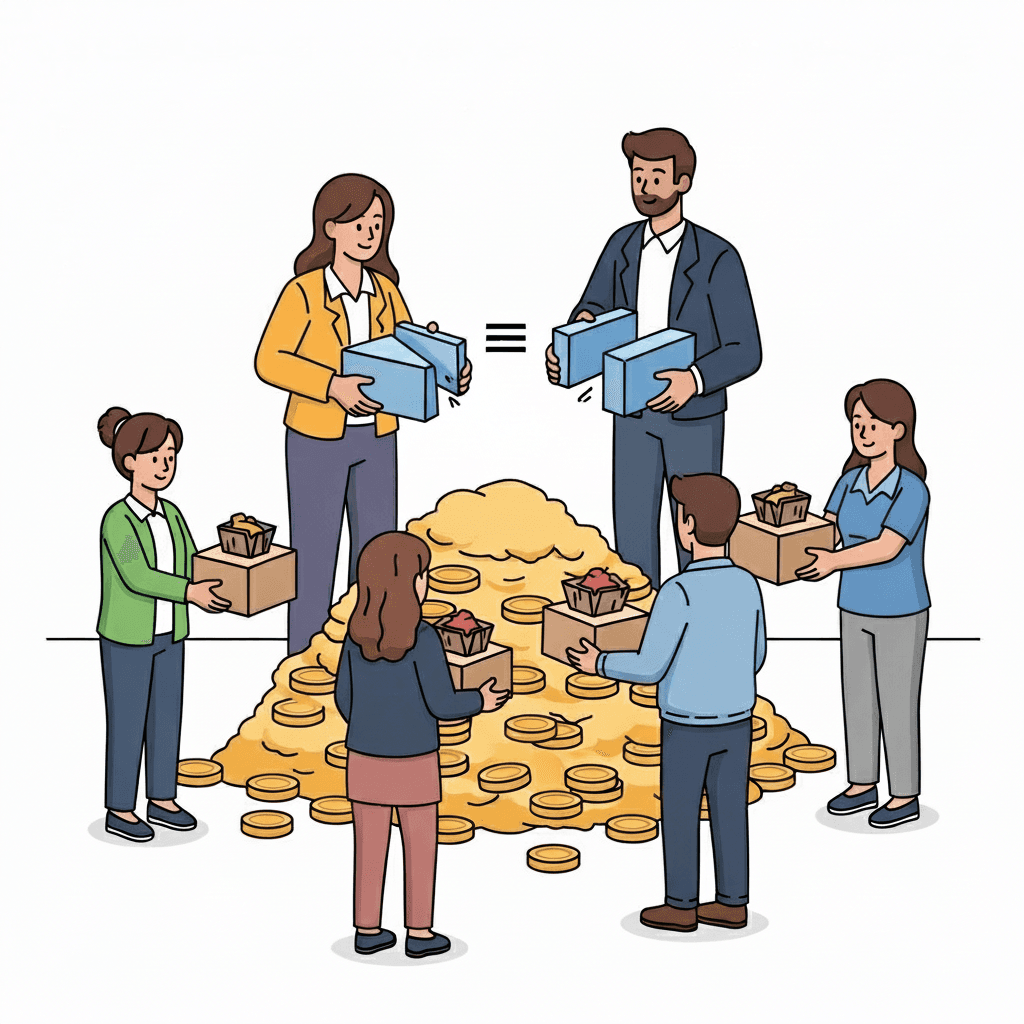 The allocation divides the total — each part is assigned to a different person.