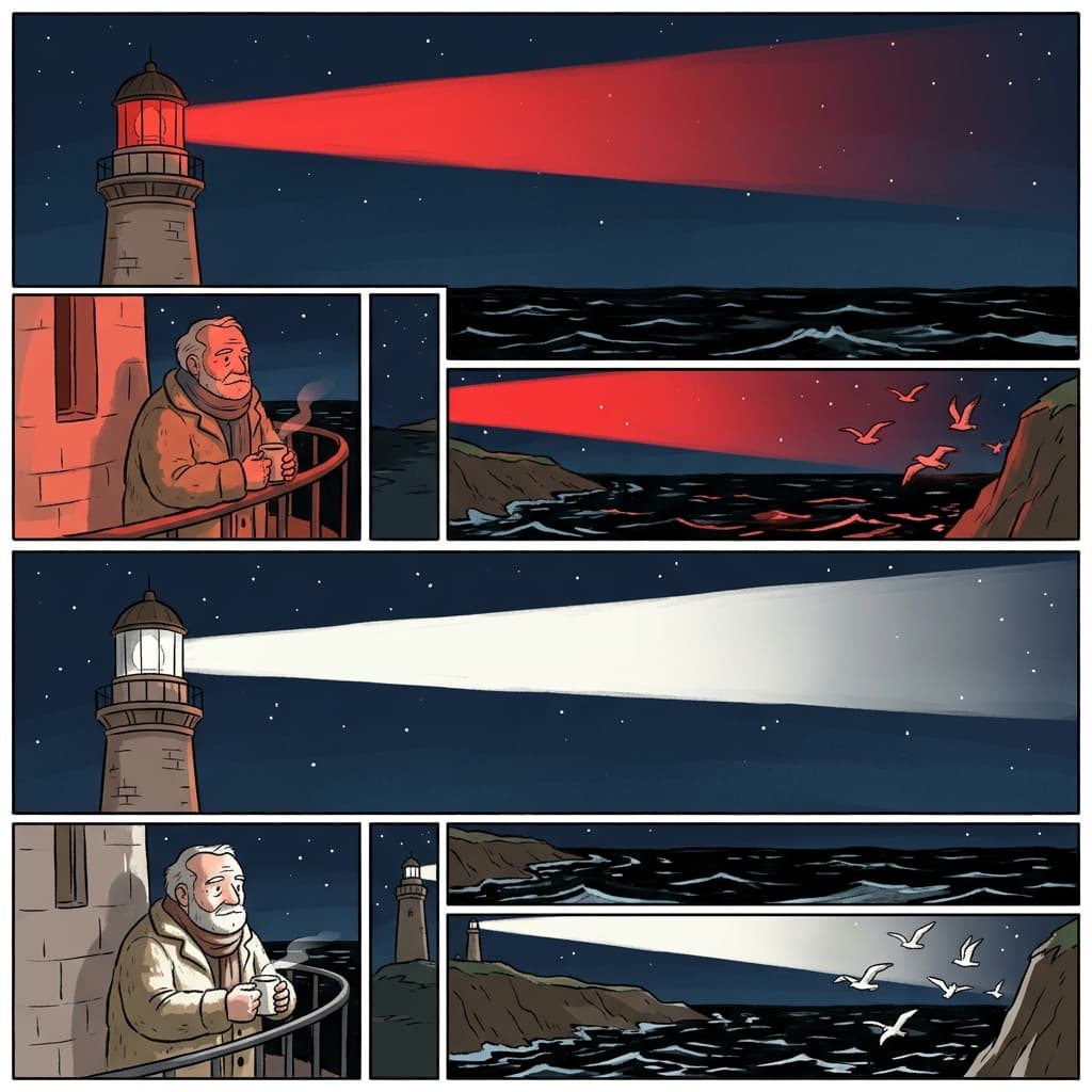The lighthouse keeper watches the alternation of red and white beams sweeping the dark sea.