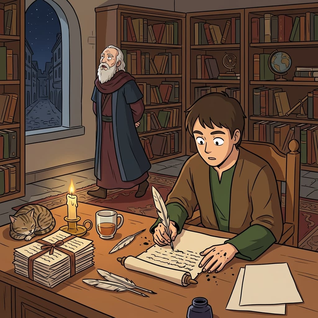 The scholar's amanuensis writes down every word as the old philosopher dictates his final book.