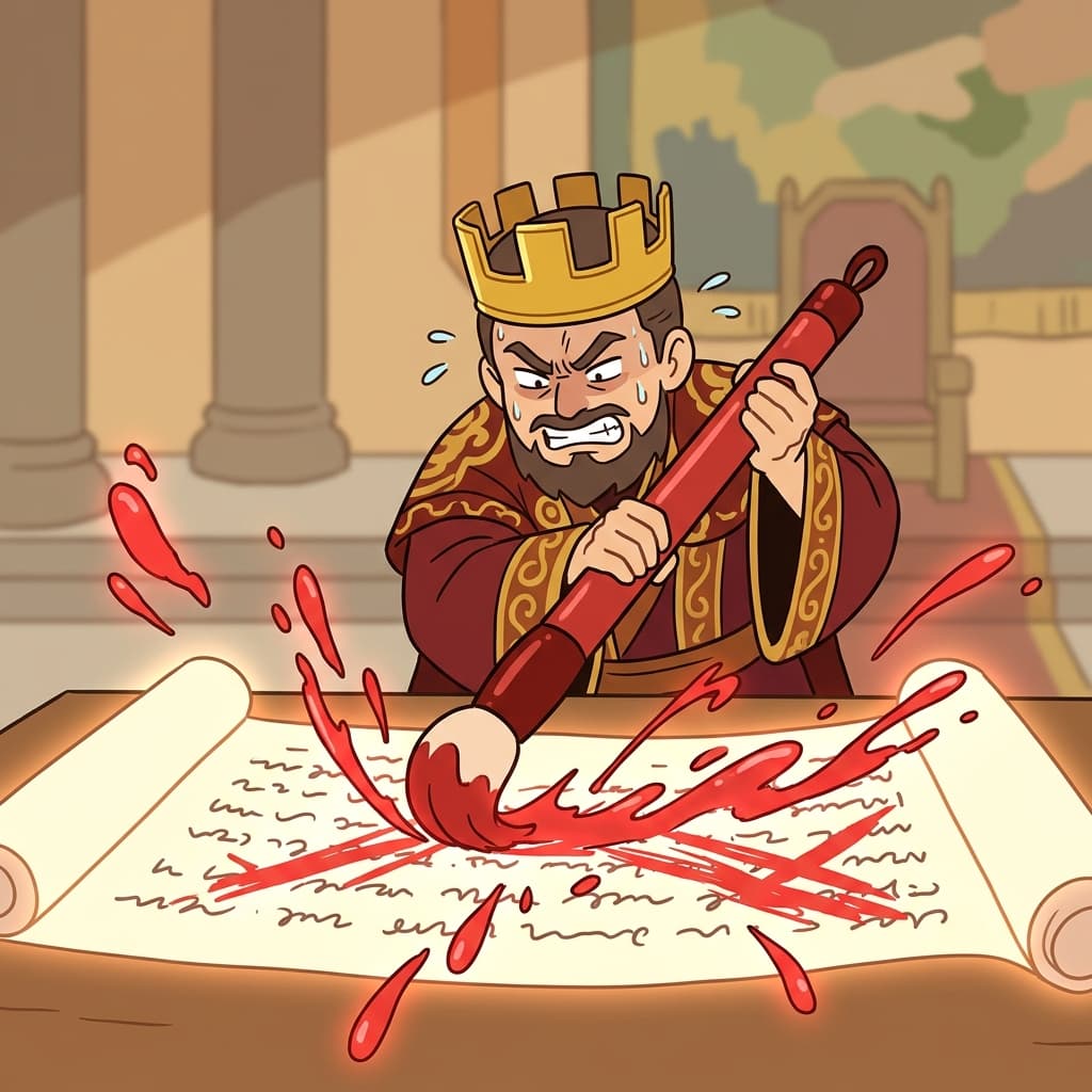 To fix the terrible rule, the furious king aggressively slashed a comically massive red pen across the glowing scroll to amend the law.