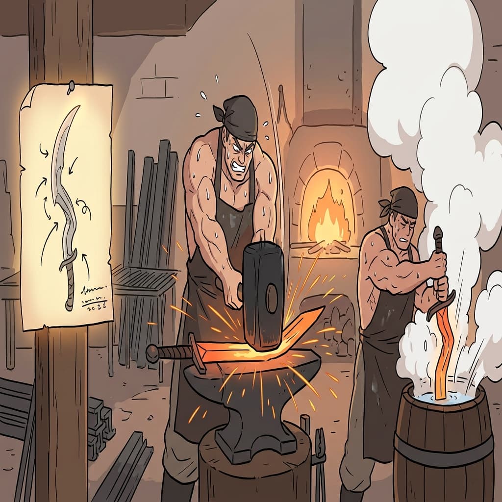 Following the dangerous new trend, the furious blacksmith used a massive hammer to forcefully bend the hot iron, violently trying to amend the giant sword's shape.