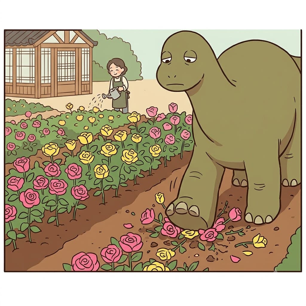 Blindly stomping on the beautiful floral garden, the giant dinosaur showed its completely amoral nature.