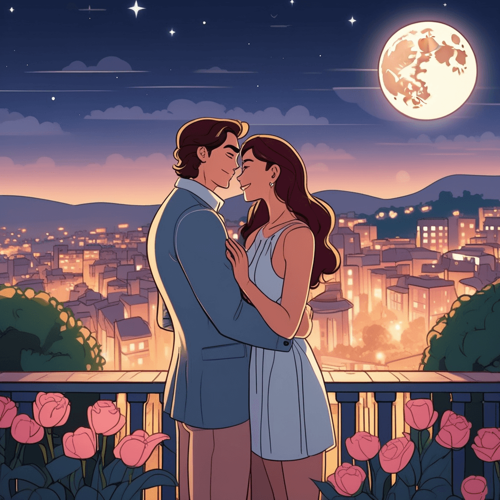a young man gazes lovingly into a woman's eyes while holding her hands gently in his. He leans closer with a tender smile as soft moonlight illuminates their faces. The woman blushes and smiles back warmly as he whispers sweet words to her. Their body language shows complete romantic connection and attraction. Garden flowers and twinkling city lights create a dreamy romantic atmosphere around them. A small fountain nearby adds to the intimate setting. the deep romantic love and desire between two people