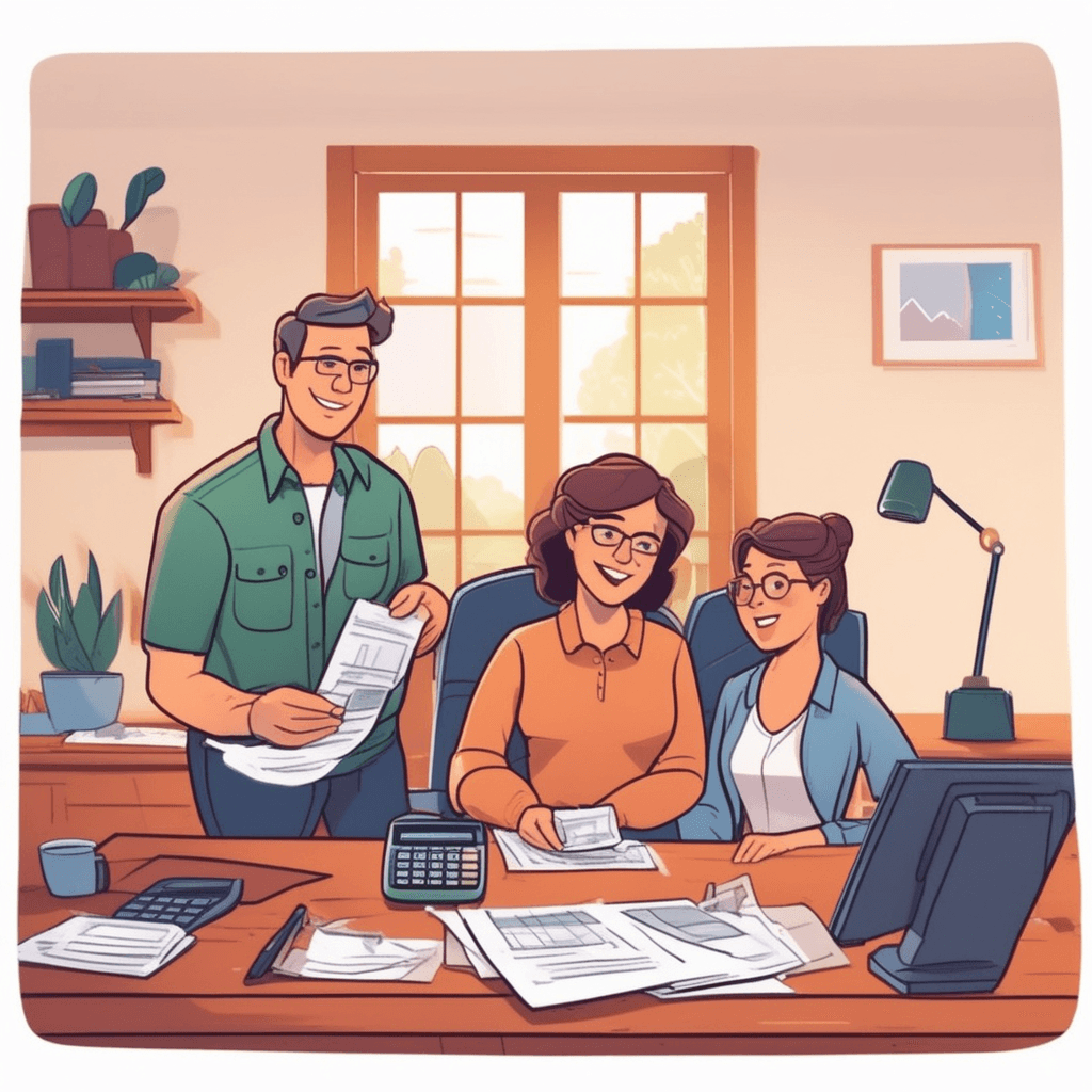 a middle-aged person writes out a monthly mortgage check while their spouse looks over payment schedules spread across the desk. The payment documents show a decreasing balance with each monthly entry marked off. Stack by stack, the debt pile gets smaller while the "paid" pile grows larger on the opposite side. A calculator displays the current remaining balance as they mark another payment complete. Their teenage daughter watches from behind, learning about responsible debt management. debt being gradually paid off through regular payments of principal and interest over time
