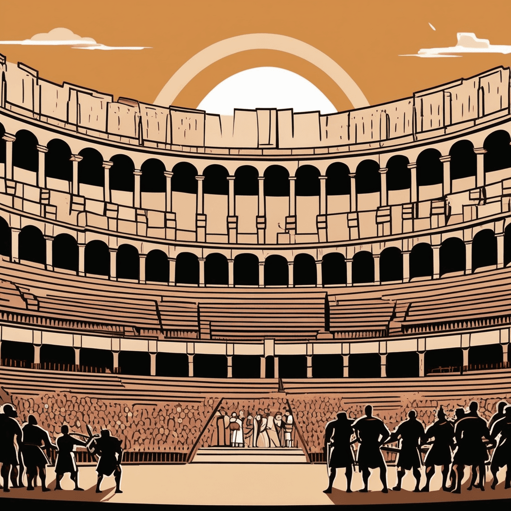 a gladiator performer raises his sword triumphantly in the central sandy arena below. Tourists sit scattered throughout the curved rows of stone seats that rise up in tiers around him. The circular stone seating arrangement creates perfect sightlines down toward the performer in the center. Each level of seats sits higher than the one in front, forming a bowl shape. Spectators cheer and point down at the entertaining gladiator show happening below them. Vendors walk up and down the stepped aisles between the tiered seating sections. a large circular building with rows of seats sloping downward toward the center area