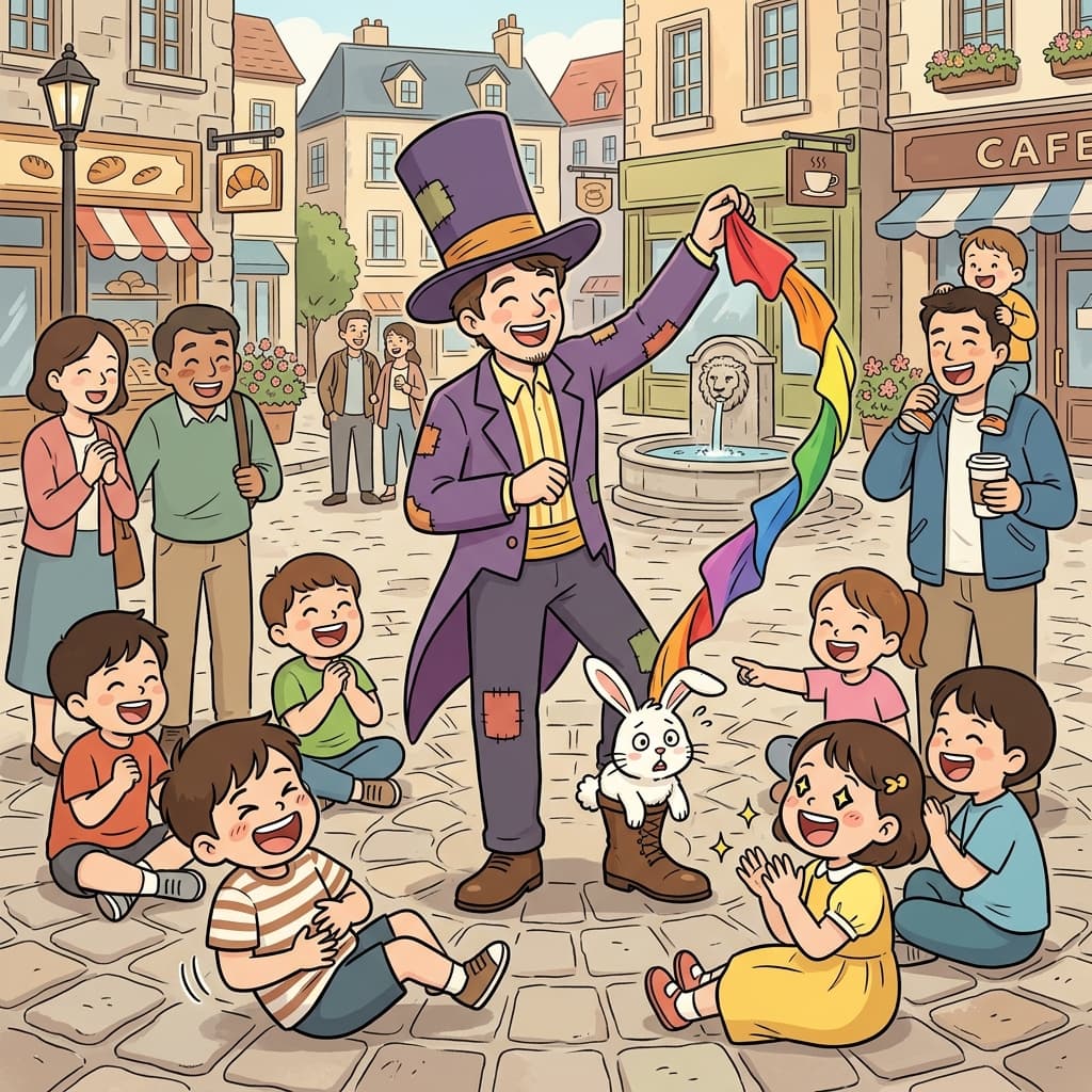 The street magician's silly tricks amuse the kids gathered around him.
