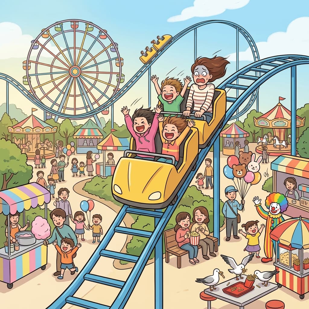 Kids scream with joy as the roller coaster drops at the amusement park.