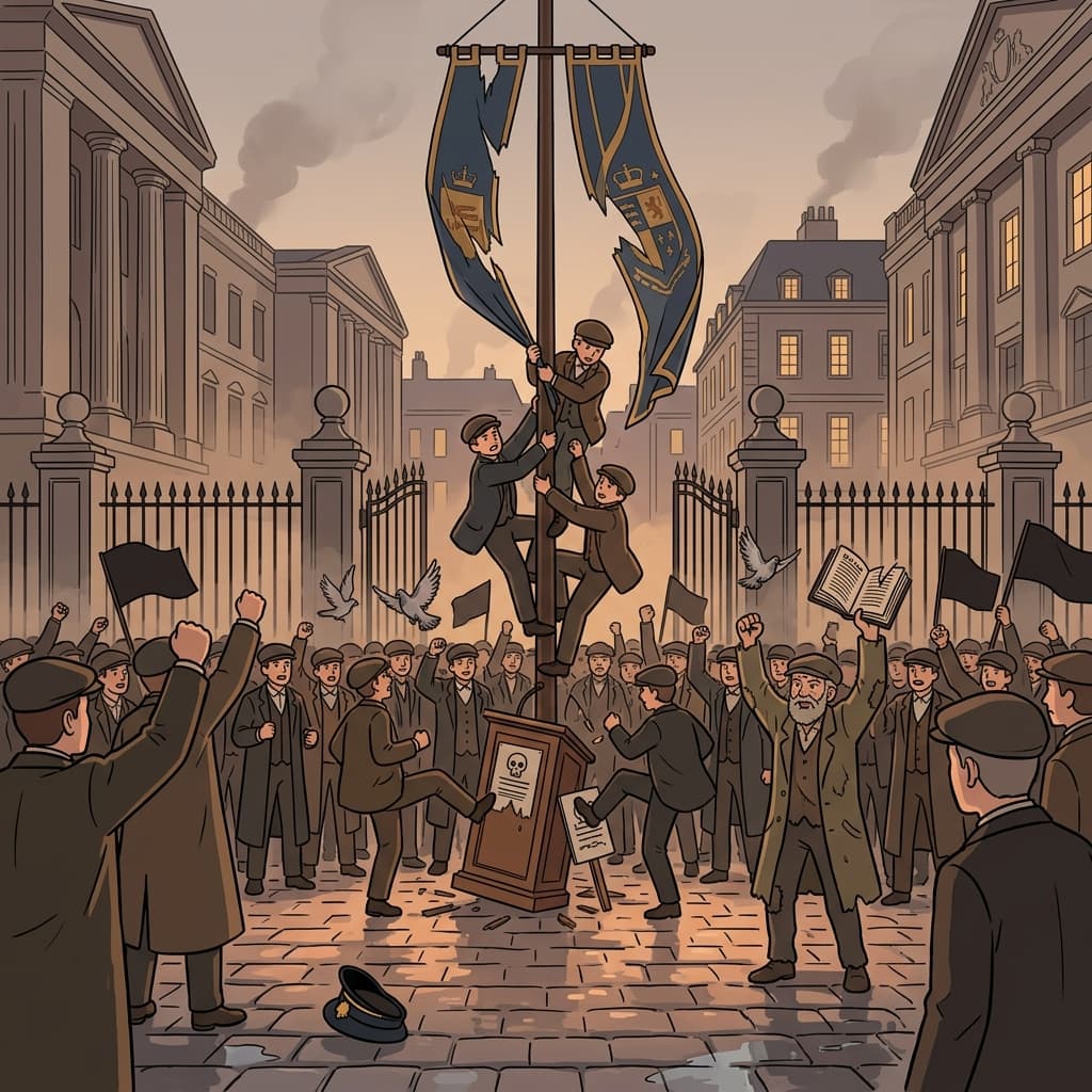 The anarchism movement filled the square as protesters tore down government banners.