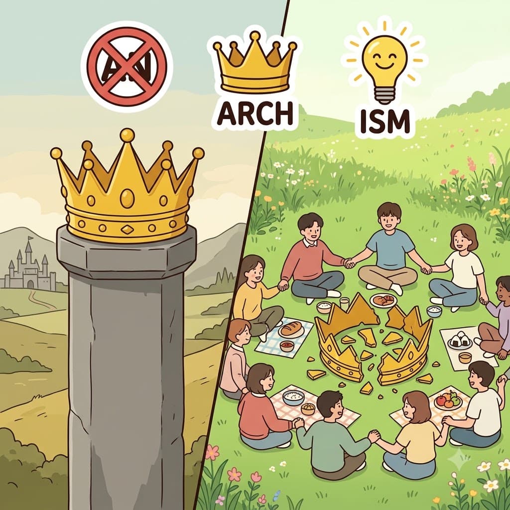 AN(without) + ARCH(rule) + ISM(belief) — driven by a belief(ISM) in a world completely without(AN) any strict rule(ARCH), they formed an anarchism society.