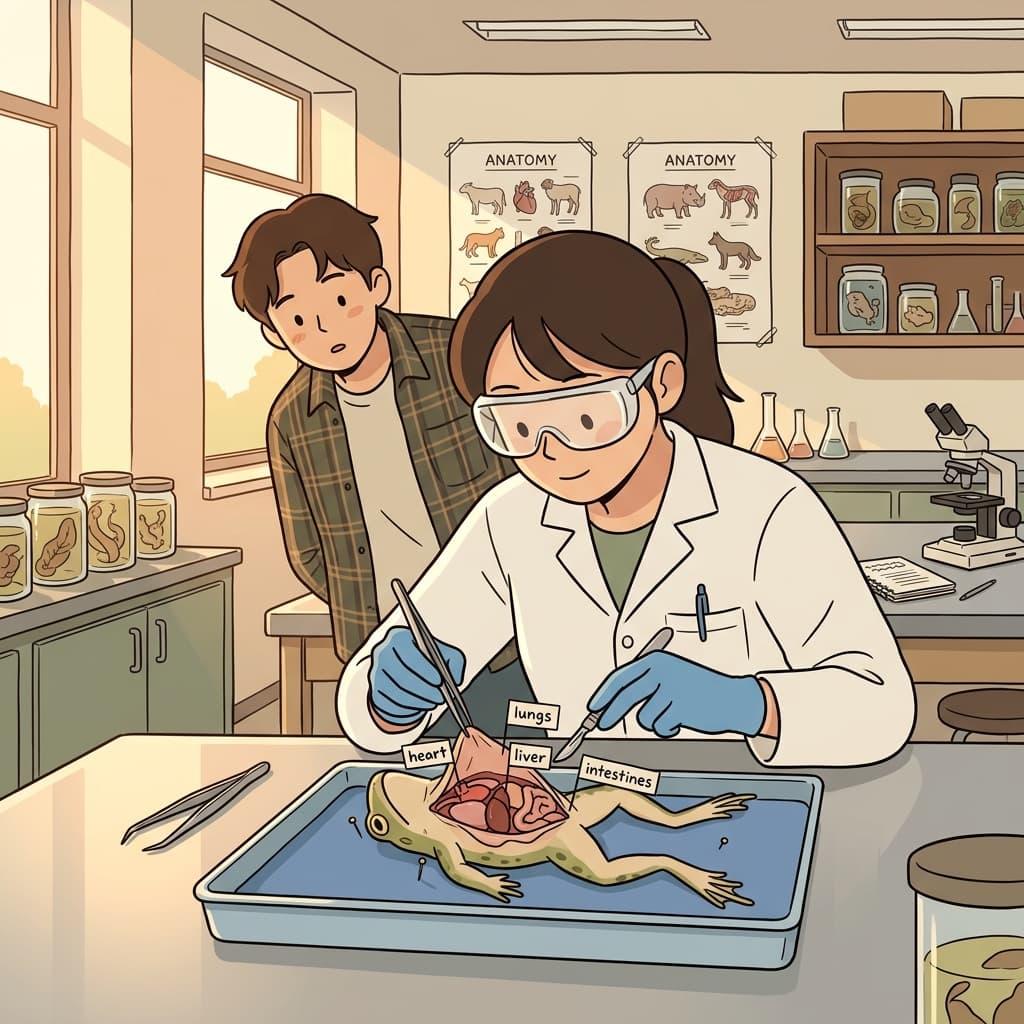 The medical student carefully anatomizes the frog to study its inner organs.