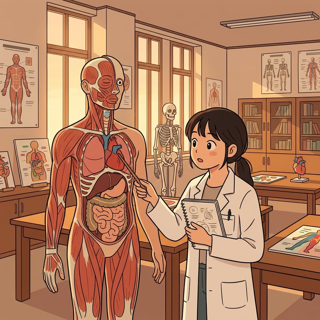 The medical student studies human anatomy by examining each muscle and bone carefully.