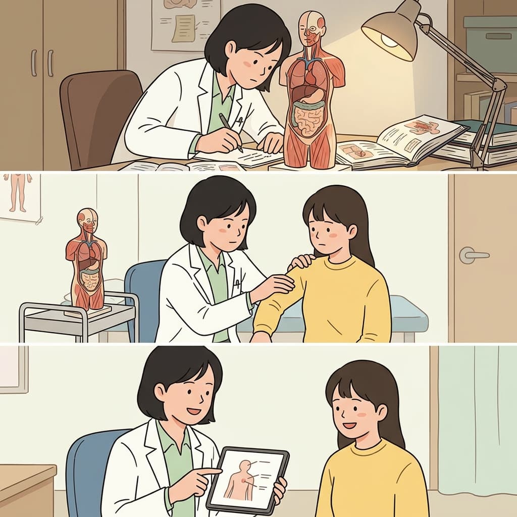 The doctor studied anatomy, examined the patient, and made an accurate diagnosis.
