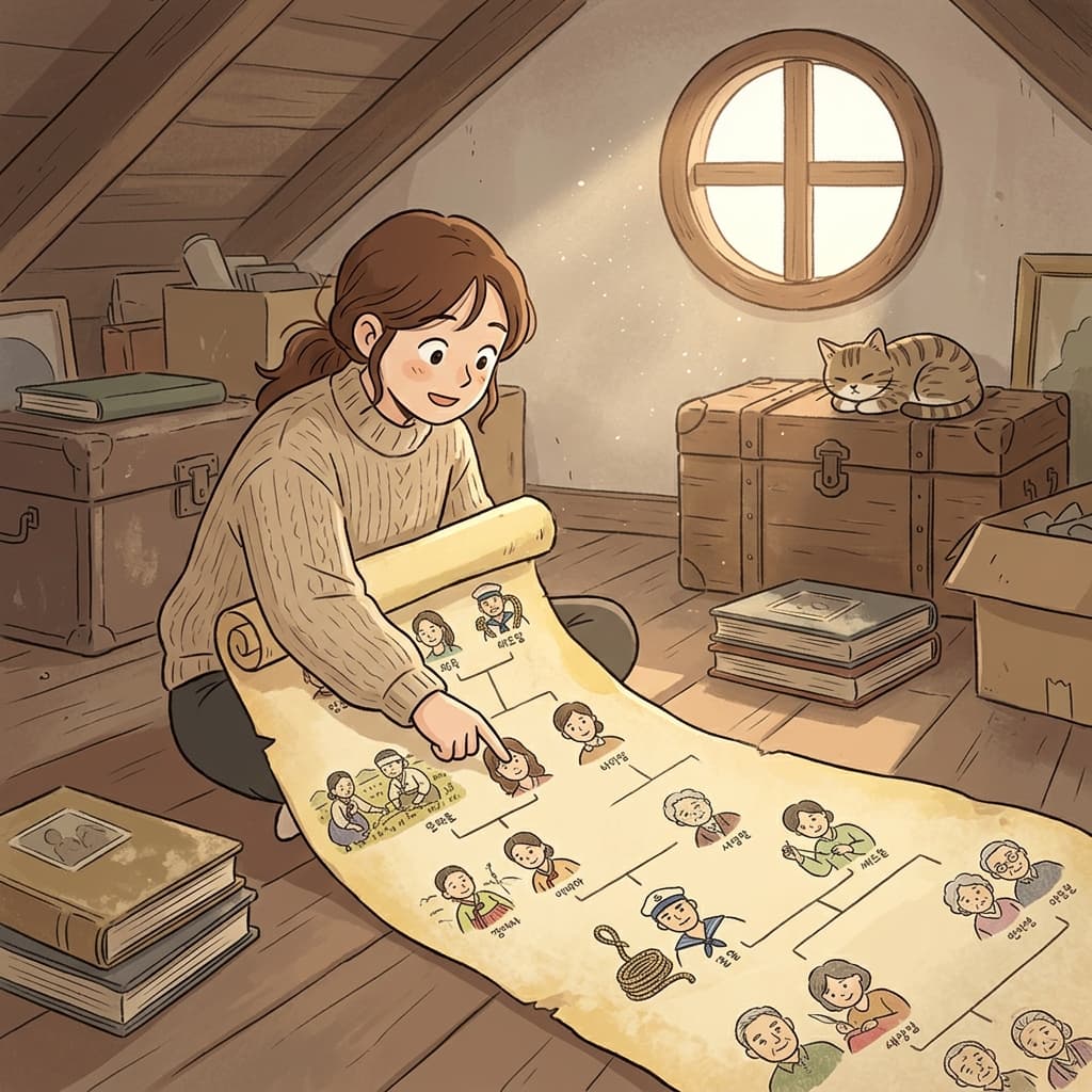 She traces her ancestry through an old family tree in the attic.