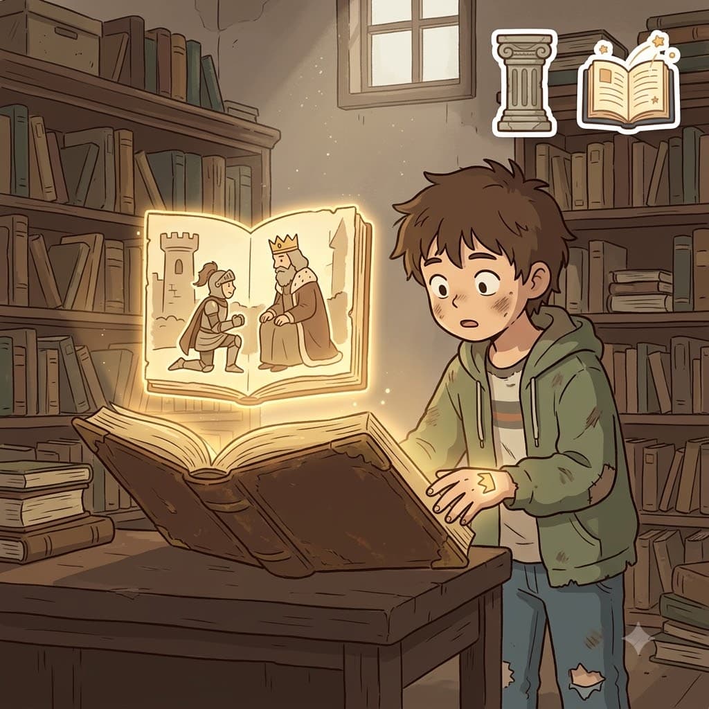 ANCE(ancient) + STRY(story) — opening the heavy book, the ANCEint STRY revealed his hidden royal ancestry.