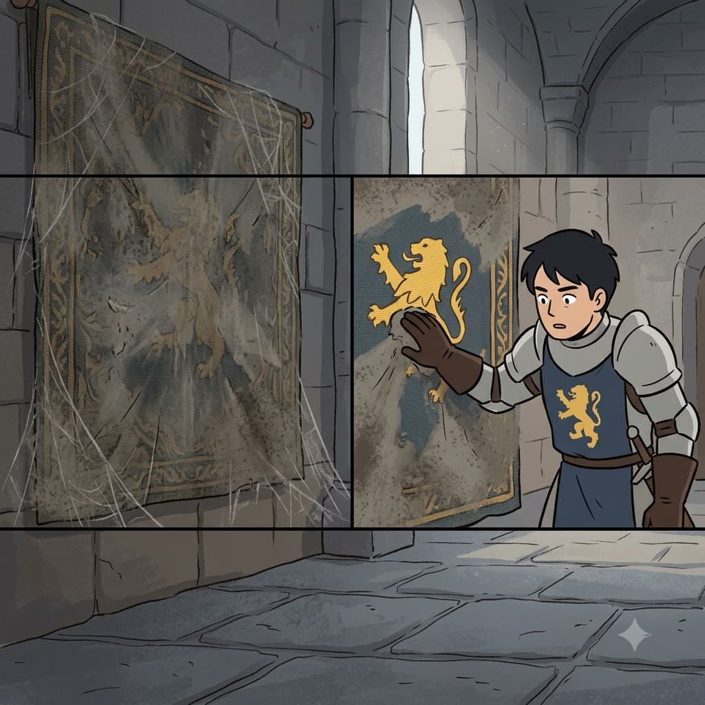 Brushing the thick dirt off the medieval tapestry, the knight finally proved his noble ancestry.