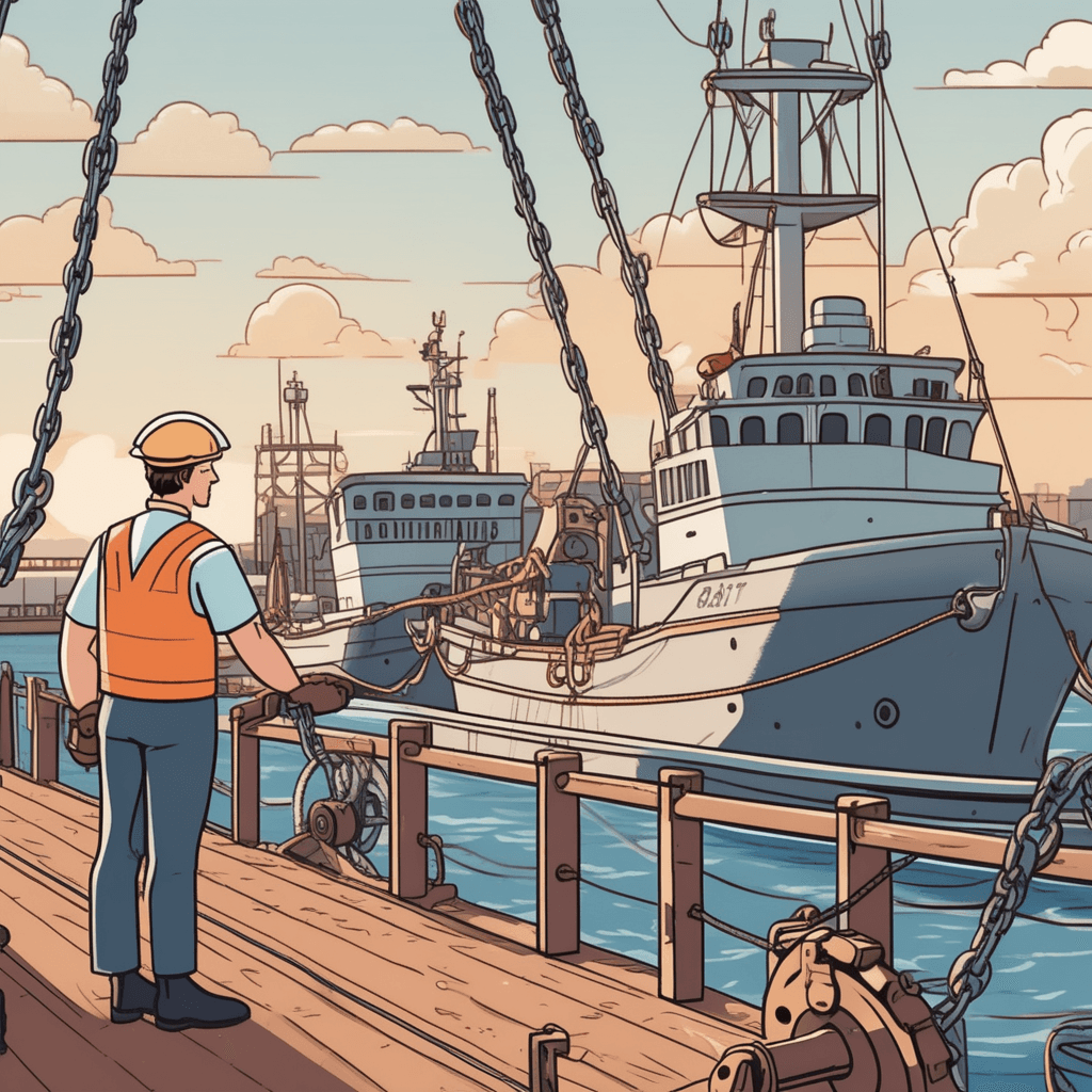 a sailor operates a heavy winch mechanism to lower a massive ship anchor into the water below. The thick metal chain feeds steadily through the pulley system as the anchor descends. The anchor reaches the ocean floor and its heavy flukes dig deep into the sandy bottom. The ship stops drifting and becomes completely stable against the ocean currents. Other crew members on deck watch as the vessel settles into its fixed position. the process of securing something firmly in place or position