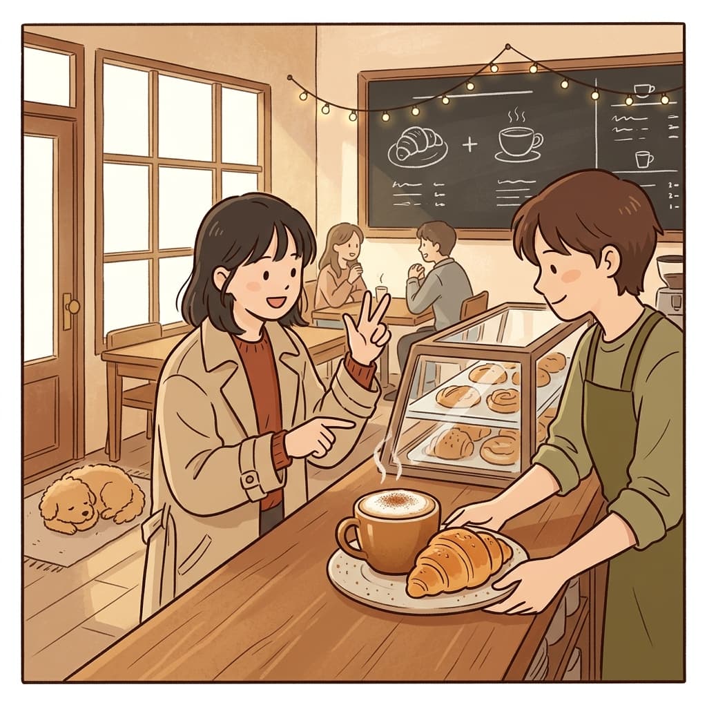 She ordered a warm croissant and a cappuccino at the corner cafe.