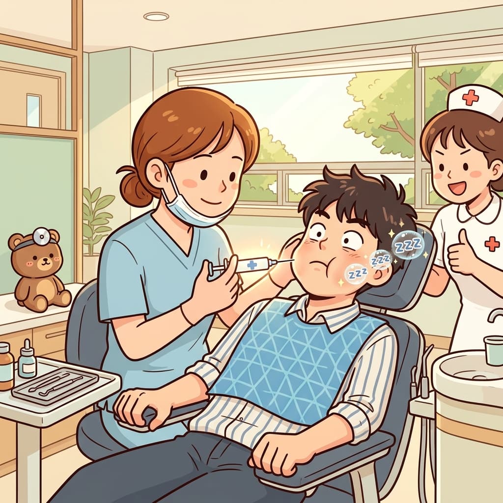 The dentist applies a local anesthetic before pulling the tooth.