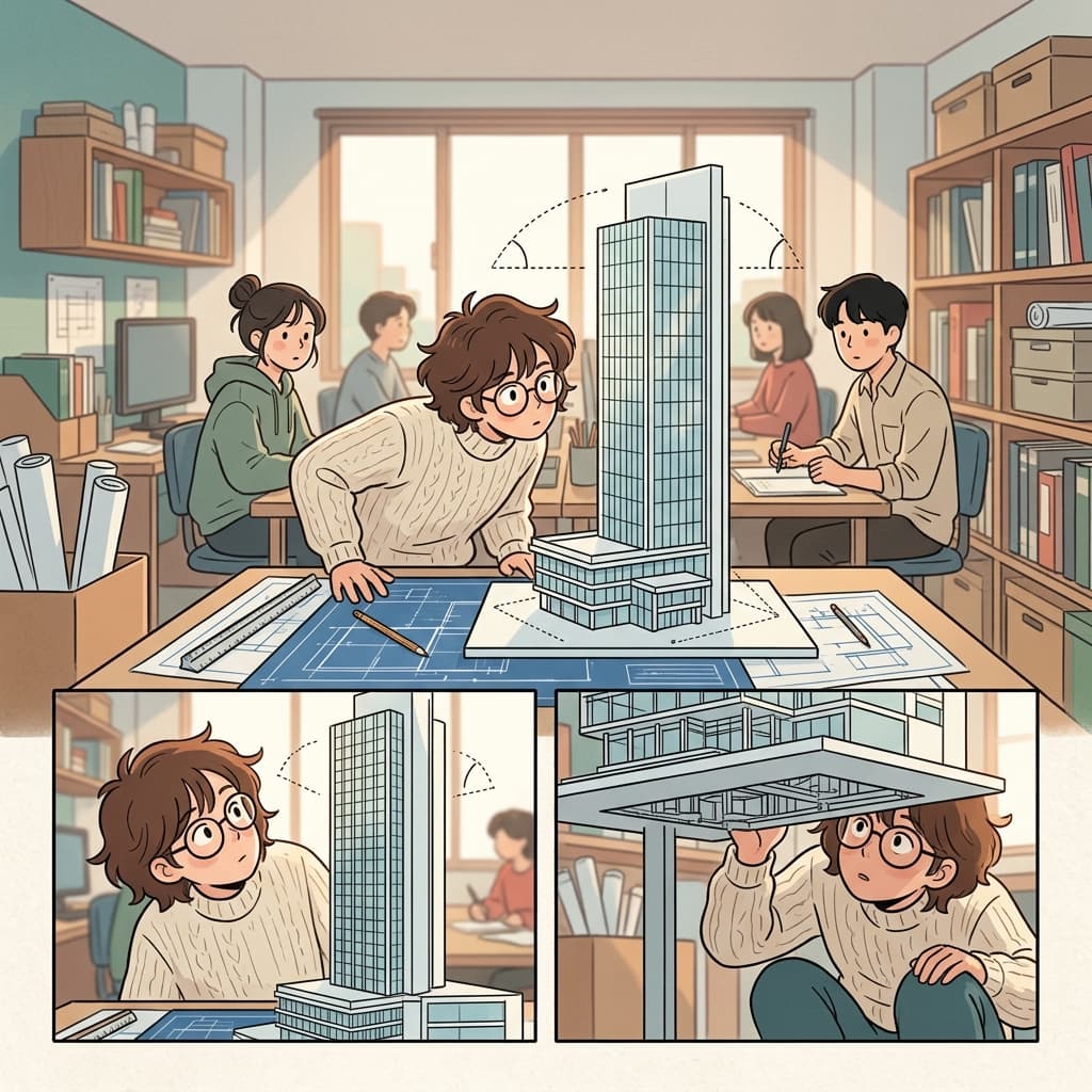 The architect studies the building from every angle before approving the design.