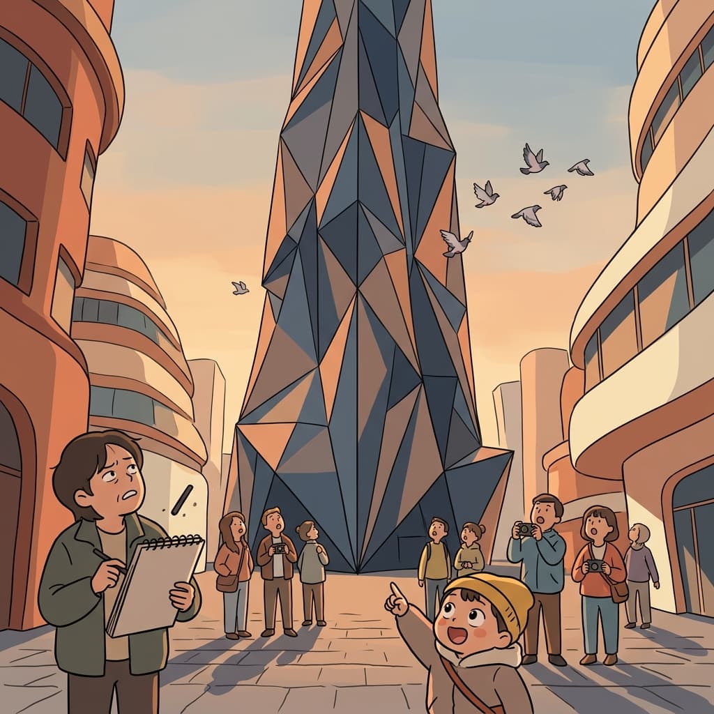 The angular skyscraper cuts the skyline with sharp geometric edges.