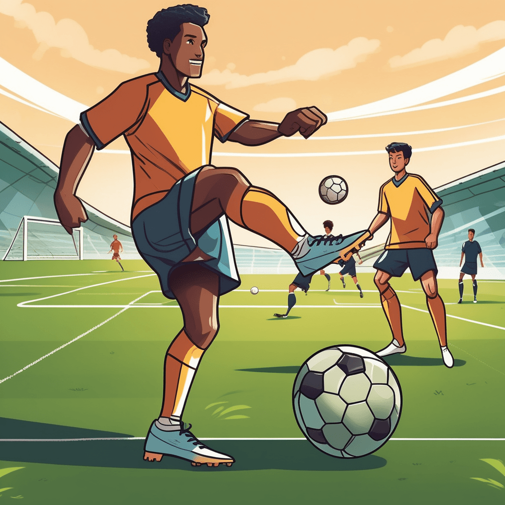 a soccer player kicks a ball with their foot while their coach points to the connecting joint. The player's foot bends at the specific point where it meets the lower leg. The coach kneels down to examine how the joint moves during the kicking motion. Other players gather around to watch the demonstration of proper foot positioning. the joint connecting the foot with the leg in action
