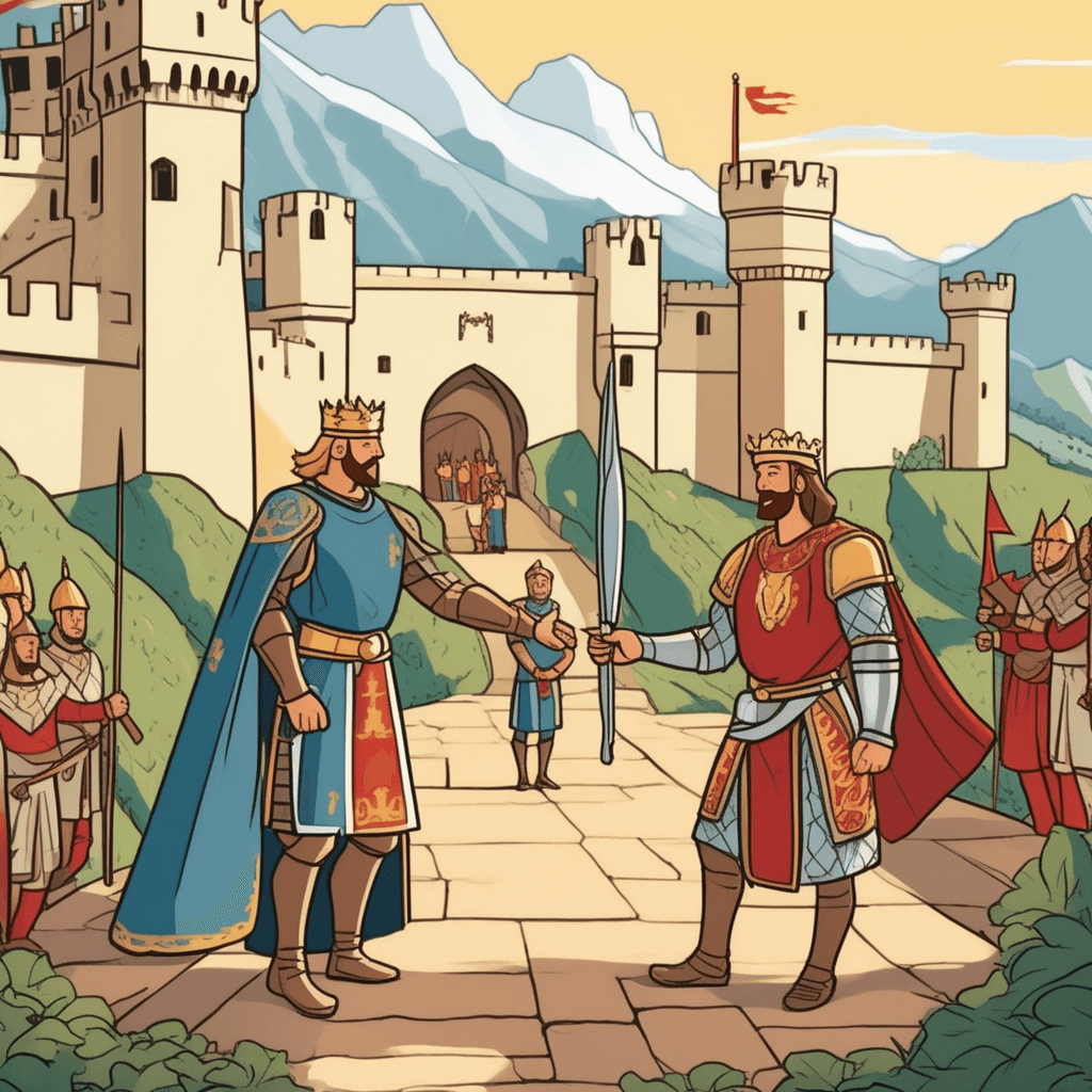 a victorious king in royal robes plants his kingdom's flag into the ground of newly conquered territory. He gestures confidently toward the land that now belongs to his expanding empire. The defeated ruler kneels nearby, formally surrendering his small territory to the larger kingdom. Royal guards march forward carrying the conquering king's banners to mark the new boundaries. Local villagers watch from the sidelines as their homeland officially becomes part of the larger empire. Knights on horseback patrol the area to secure the newly acquired land. one territory being taken and incorporated into a larger state organization