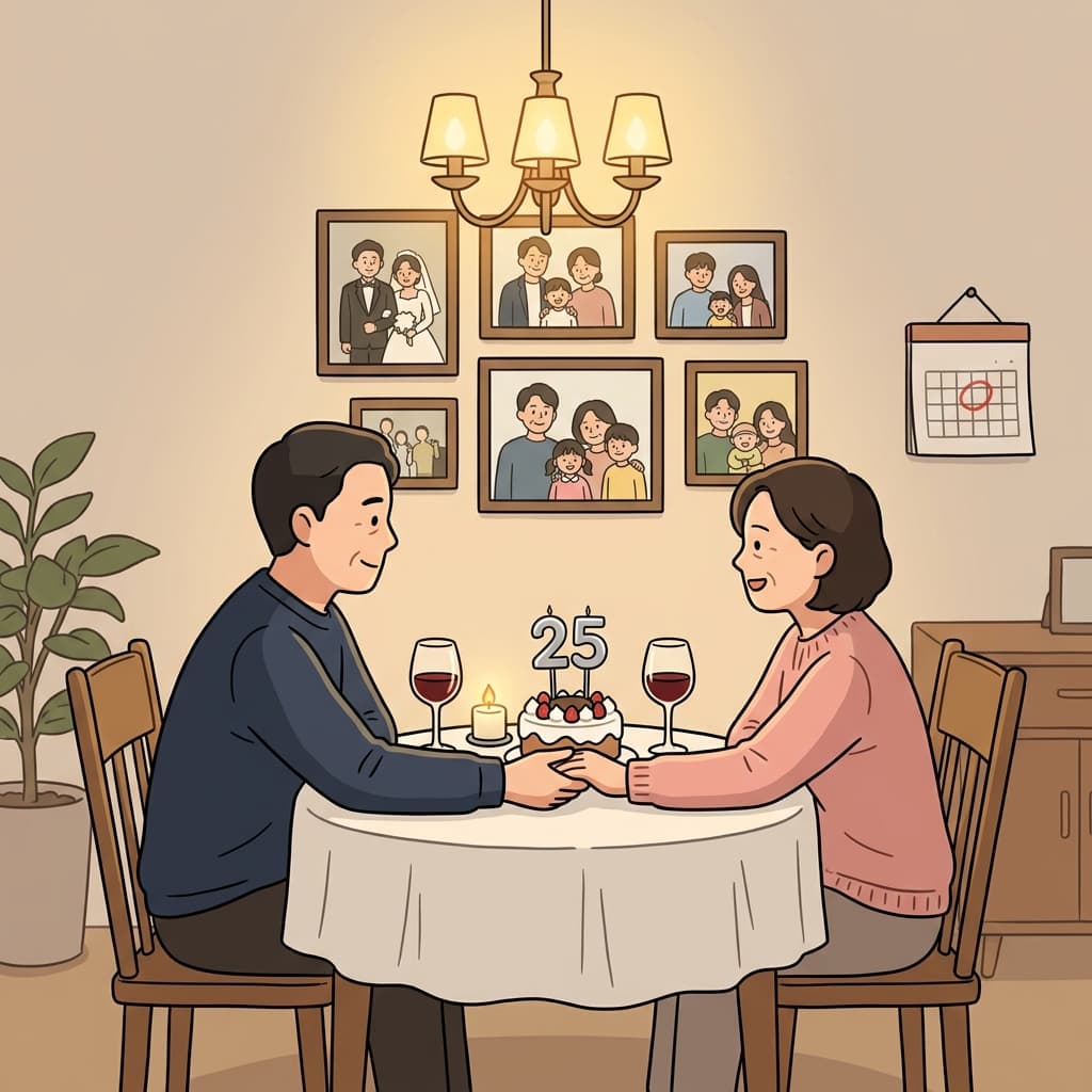 They celebrate their 25th wedding anniversary with a candlelit dinner at home.