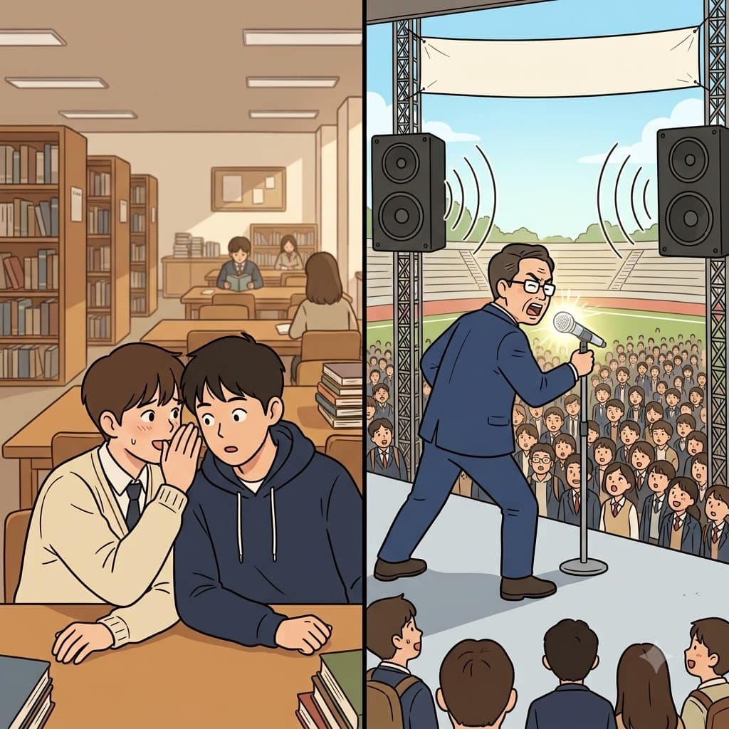 While the quiet boy whispered a secret directly into his friend's ear, the principal used a giant microphone to make a public announcement.