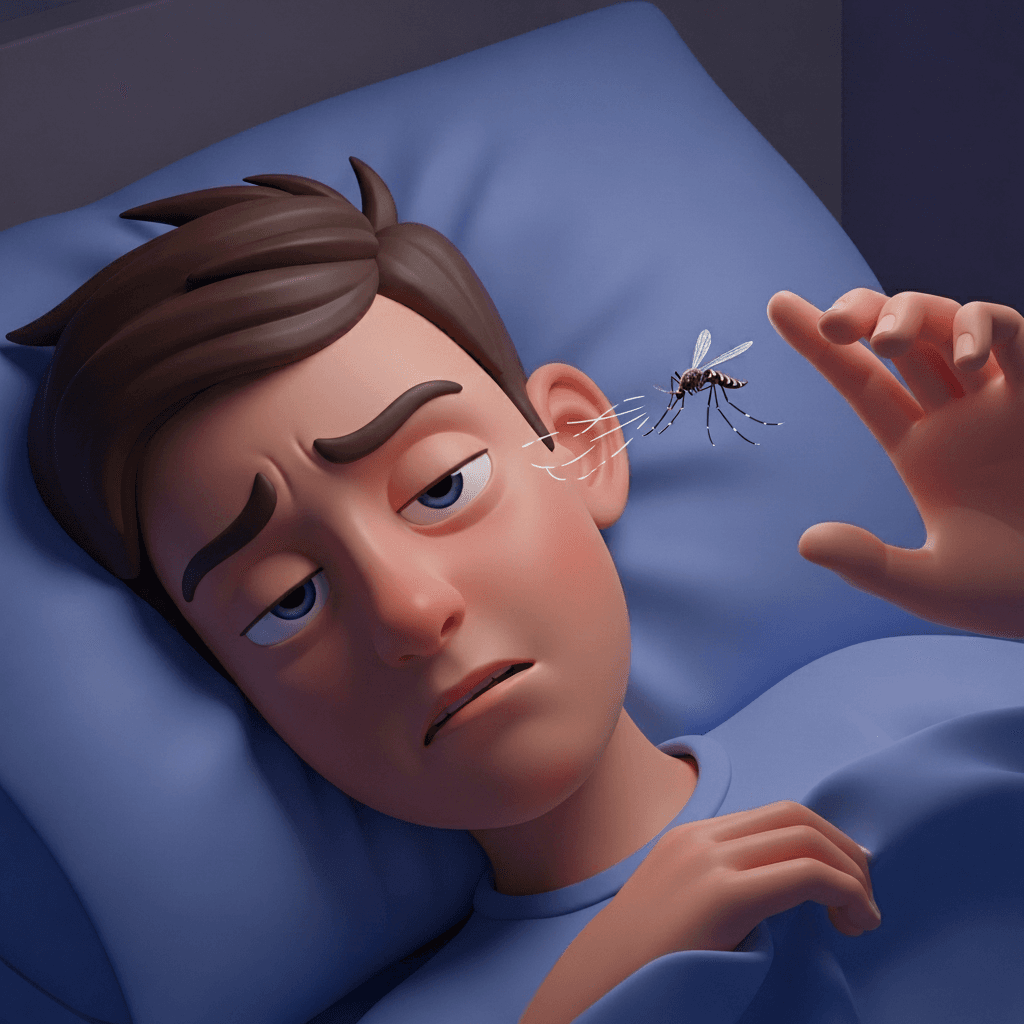 A buzzing mosquito keeps annoying a person trying to sleep.