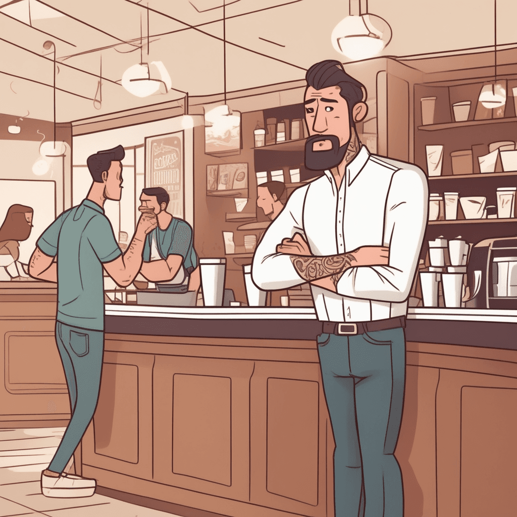 a customer stands at the counter with crossed arms and a deeply furrowed brow, tapping their foot impatiently. The barista behind the counter moves slowly while fumbling with coffee equipment and spilling beans. The customer's order has been wrong three times, with rejected cups piling up on the counter. Steam rises from multiple coffee machines creating chaos in the background. Other customers in line shift restlessly and check their watches with growing impatience. The barista appears flustered while trying to remake the order yet again. the feeling of being annoyed and irritated by repeated mistakes