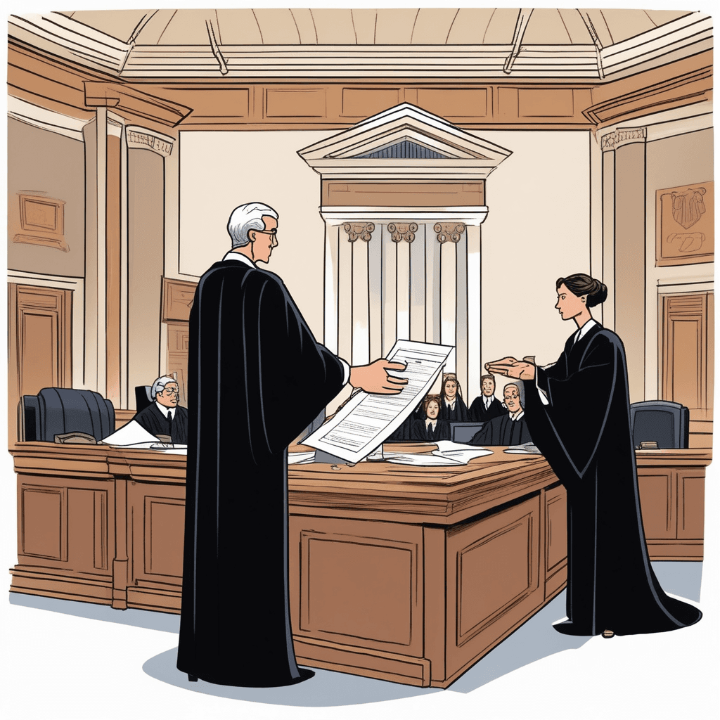 a stern judge in black robes holds up an official document while shaking his head disapprovingly. He stamps a large red seal across the paper, officially voiding the marriage certificate. A young couple stands before his desk looking shocked and disappointed as their marriage is declared legally invalid. The judge places the stamped document into a rejection pile while pointing toward the exit door. Court clerks in the background pause their work to witness the official declaration. the formal declaration that something is invalid or void