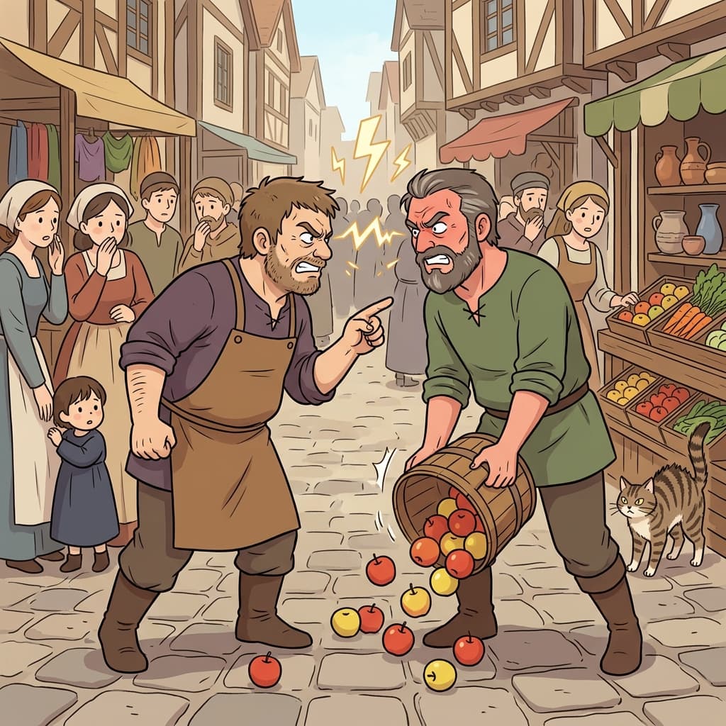 Years of antagonism between two rival merchants explode into a market-square shouting match.