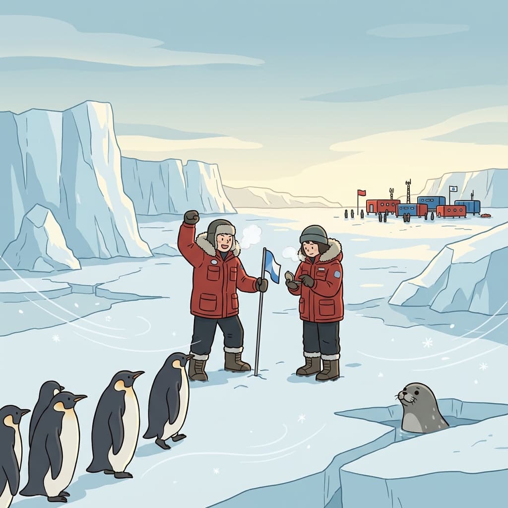Explorers plant a flag on the icy antarctic plains as penguins waddle past.