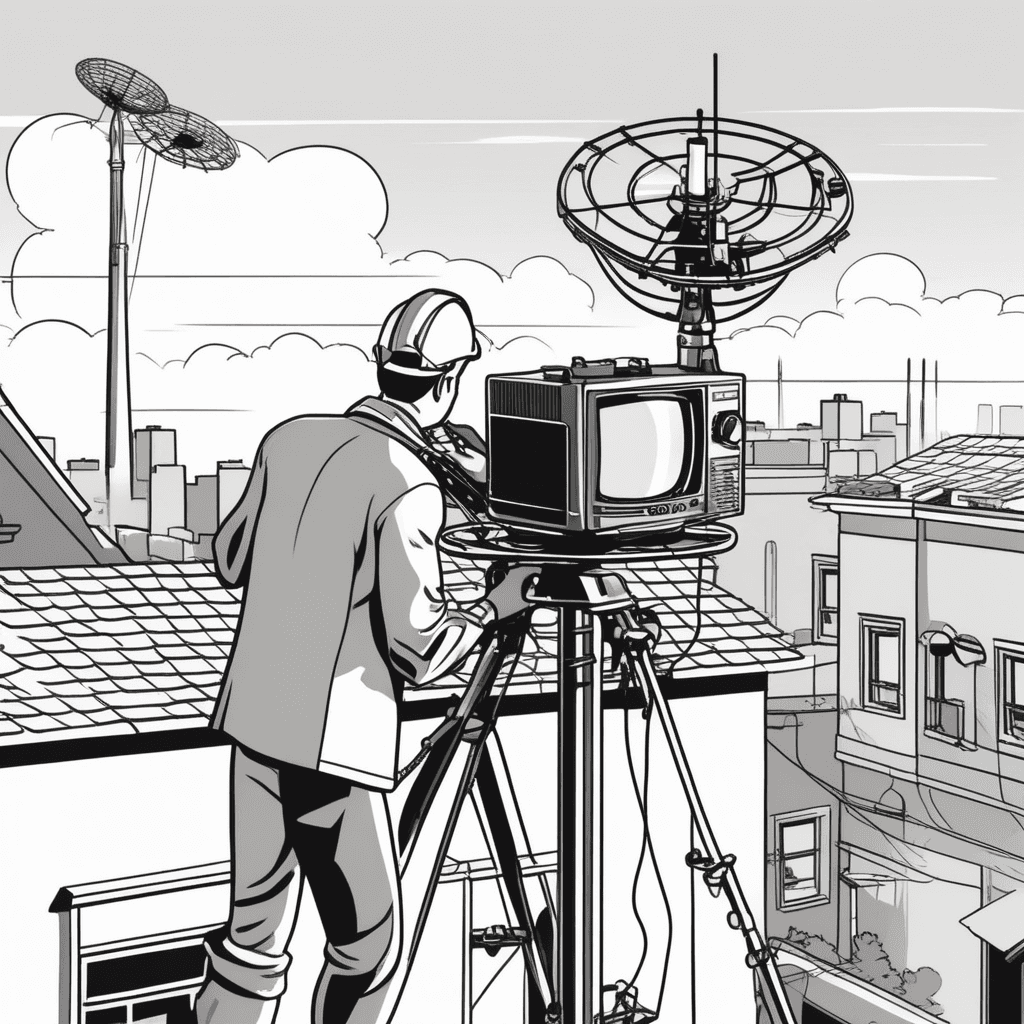 a technician adjusts a large metal television antenna while holding a signal meter device. The technician rotates the antenna's metal rods toward distant transmission towers visible on the horizon. Immediately after the adjustment, the signal meter shows stronger reception bars lighting up. The technician gives a thumbs up to a family member looking out from a nearby window. The family member waves back excitedly as clear television reception is restored inside their home. a metal structure that receives radio and television signals being properly aligned for optimal transmission